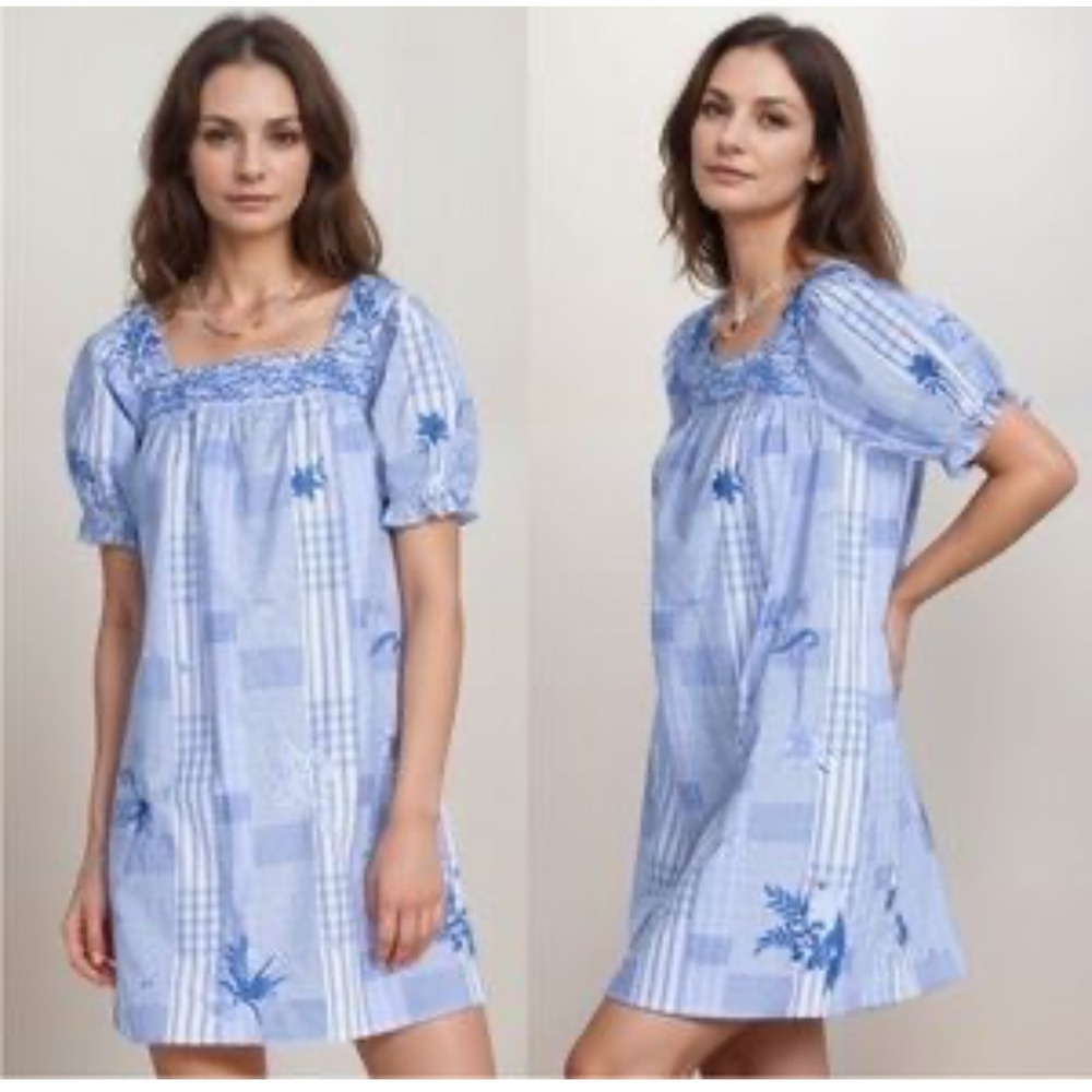 Johnny Was Dress XL Blue White Striped Embroidered Cotton MARBElla boho cottage